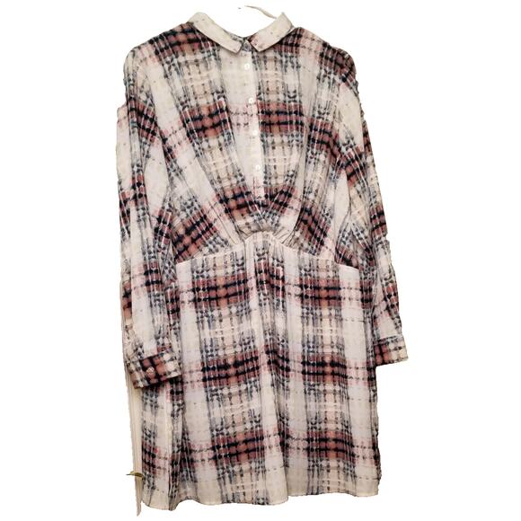 Ellos Plaid Pull On Shirt Blouse / Dress Button Cuff Long Sleeve Ruching Size 14 - Picture 1 of 8